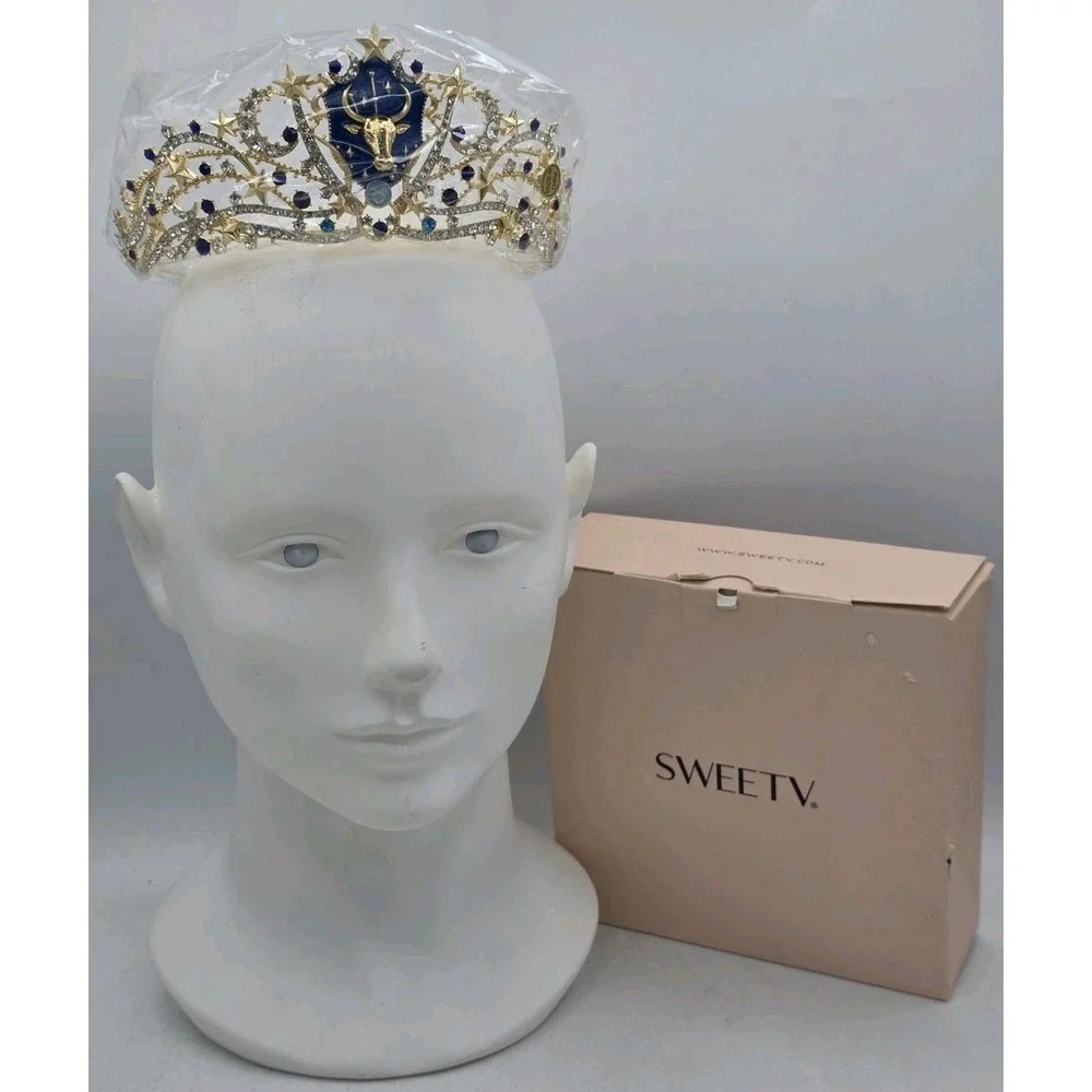 NEW SWEETV Zodiac Crown/Tiara - Gold/Silver/Aqua/Blue - Symbol‎ Taurus